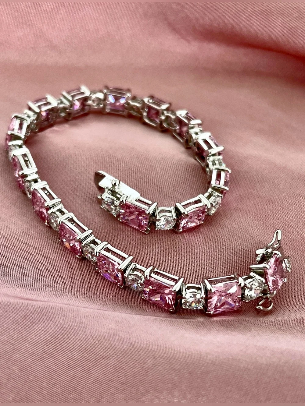 FAS 925 Sterling Silver Pink CZ Crystal Tennis Bracelet, NWOT